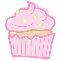 Cute cupcake illustration with pink frosting and green sprinkles, simple dessert icon.