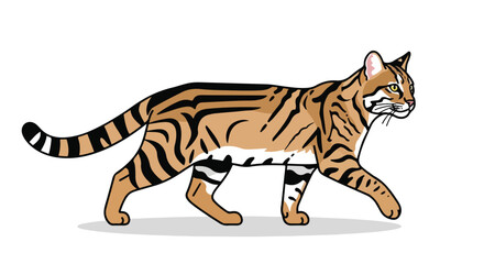 Fototapeta premium Elegant margay illustration with black stripes walking slowly in a graceful pose isolated on a clean white background, captivating simplicity