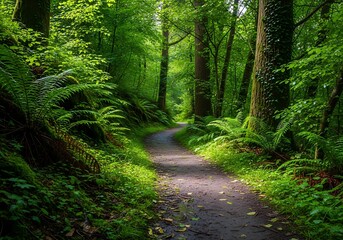 Fototapeta premium A serene pathway meandering through an emerald forest with dense ferns