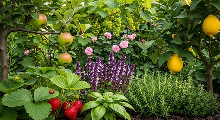 Lush garden showcasing diverse fruit trees, vibrant strawberry plants and aromatic herb bushes creating a backyard