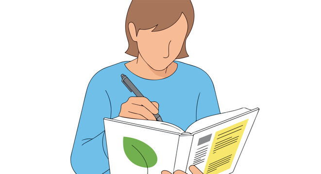 Faceless person studying a book with a leaf illustration, taking notes for an environmental project concept illustration of educational materials