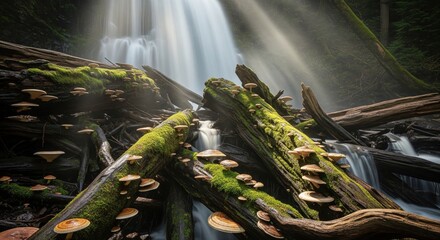 Forest waterfall among fallen logs and moss