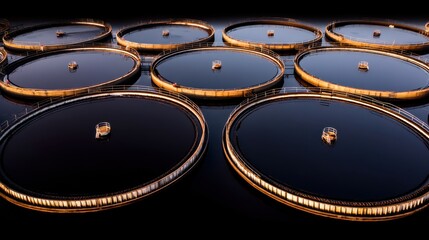 Industrial water treatment process urban area aerial view night modern technology innovative design