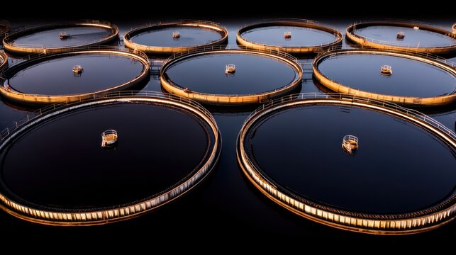 Industrial water treatment process urban area aerial view night modern technology innovative design