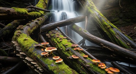 Waterfall surrounded by mossy jungle trees