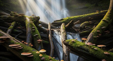 Tropical waterfall flowing through mossy logs