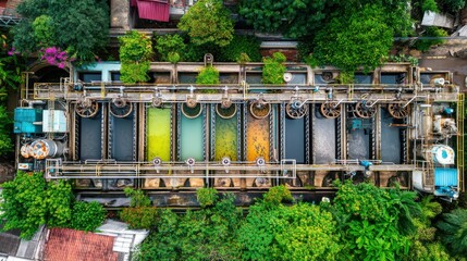 Fototapeta premium Industrial water treatment facility urban area aerial view sustainable practices nature integration