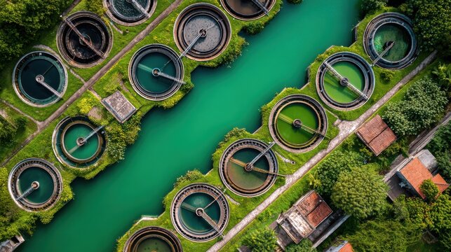 Water treatment process industrial facility aerial view nature surroundings environmental management concept