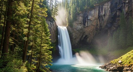 Scenic waterfall through mossy rocks in pine forest