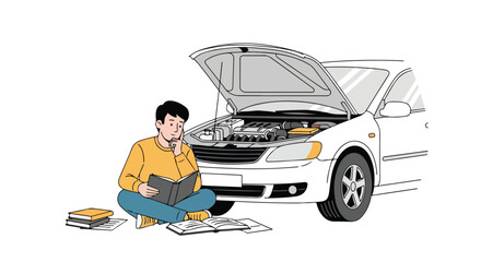 Troubleshooting vehicle problems: A man studies a manual next to an open car hood for repair and maintenance challenges