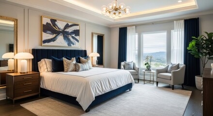Fototapeta premium Luxurious Modern Master Bedroom with Mountain Views, Featuring a Navy Blue Upholstered Bed, Elegant Gold Accents, Abstract Art, and Contemporary Decor
