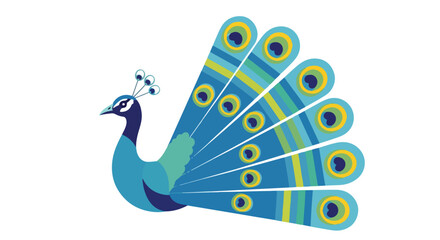 Stylized peacock illustration with vibrant blues, greens, and yellows against a clean white background