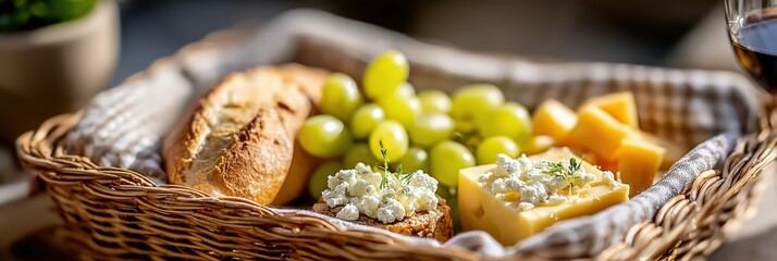French picnic basket overflowing with bread, cheese, and grapes