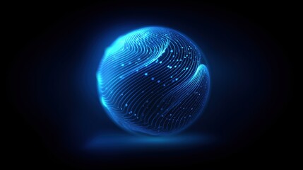 Futuristic glowing blue abstract wave sphere with digital line grid pattern on black background, representing big data technology, global network, science visualization, and modern innovation concept 