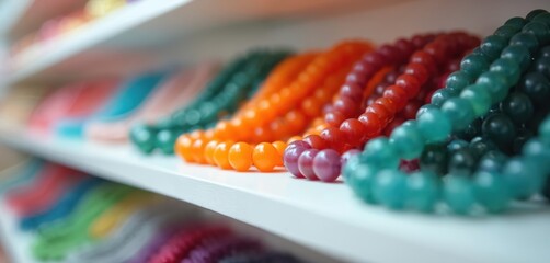 Neatly arranged shelves showcase rows of colorful beaded bracelets in vibrant hues like orange, red, green, teal. Handmade accessories displayed for sale, offering variety for fashion shoppers.