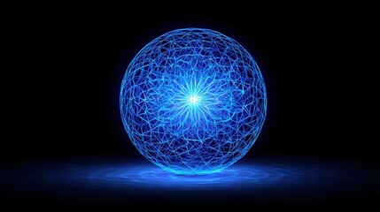 Futuristic glowing blue abstract wave sphere with digital line grid pattern on black background, representing big data technology, global network, science visualization, and modern innovation concept 
