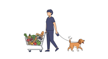 Illustration of a Person Pushing a Shopping Cart Full of Groceries While Walking a Dog in a Clean Minimalist Style