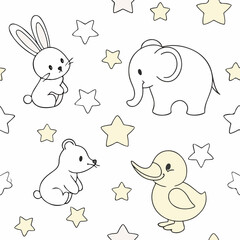 Seamless Pattern of Baby Animals and Stars in Pastel Vector