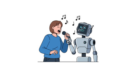Harmonious duet: A human and a robot sharing a melodic moment captured in a lighthearted illustration