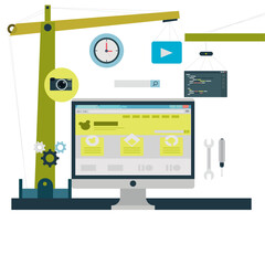 Computer Screen Displaying Website Mockup with Gears Clock and Crane on Transparent Background