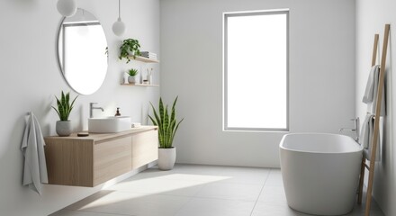 Modern Minimalist Bathroom Interior with Freestanding Bathtub, Wooden Vanity, Green Plants, and Natural Light