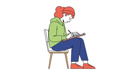 Illustration of a focused woman wearing a hoodie, seated on a chair and writing or drawing in a sketchpad, isolated on a clean white backdrop