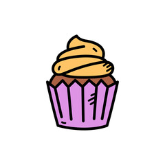 Cupcake with Swirl Yellow Icing in Purple Wrapper on Transparent Background