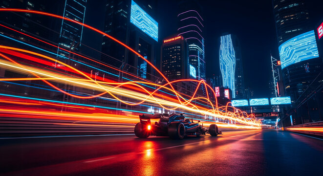Formula One Car Races Through a Futuristic City at Night, Long Exposure Captures Light Trails