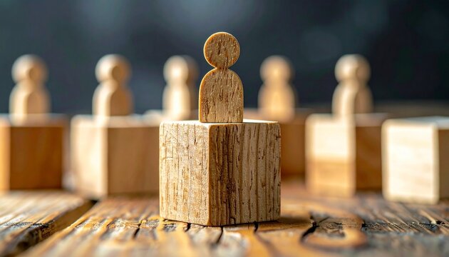 Pyramid of wooden blocks with silhouette figures, top block marked by prominence—symbolizing leadership and organizational hierarchy.