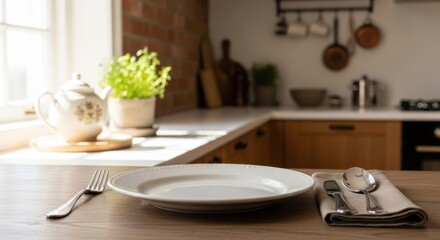 Fototapeta premium Bright Kitchen Table Setting with Empty Plate and Cutlery, Featuring a Modern Rustic Interior Bathed in Natural Sunlight