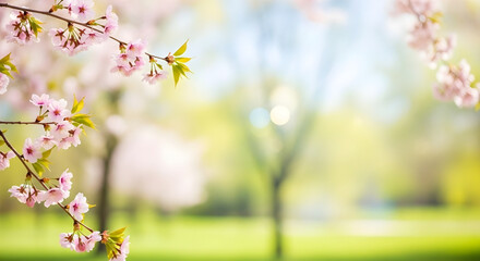 Blooming cherry blossom branches against blurred park