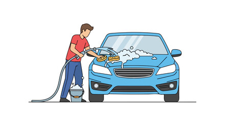 Manual car wash process: man meticulously cleans a blue car using a sponge and water hose for thorough exterior maintenance