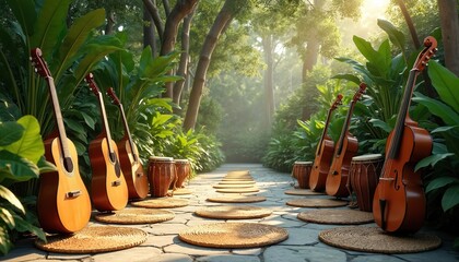 Obraz premium Musical instruments line stone pathway in serene tropical garden. Cellos guitars drums rest near green plants. Calm music performance space in nature. Summer concert event concept for zen music fans.