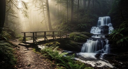 Morning sunlight filtering through waterfall in forest path