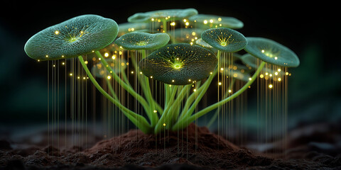 Biotech innovation funding in nature illuminated fungi display enchanted forest environment close-up view