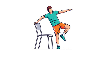 Man Performing Balance Exercise Using Chair for Support, Demonstrating Fitness Routine and Posture Improvement for Health and Wellness