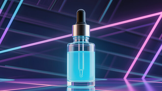 Cosmetic dropper bottle mockup with glowing liquid inside, futuristic neon background.