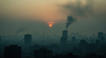 Smog-filled city skyline during sunrise