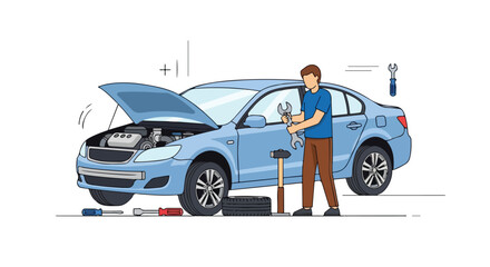 Illustration of a car mechanic repairing a vehicle, showcasing automotive service and maintenance with tools and a repairman working on the car's