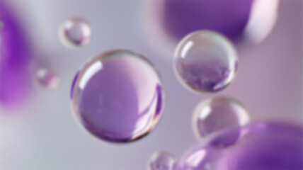 Blurred background Beautiful Clear Purple Soap Bubbles Floating in The Air. Celebration Festive Backdrop. Freshness Soap Suds Bubbles Water. Purple and White Gradient Textured.