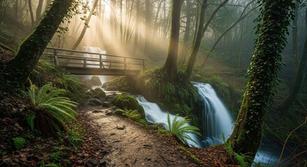 Sunlit waterfall surrounded by moss and tree roots