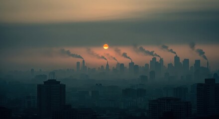 Air pollution above industrial skyline at sunrise