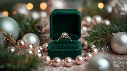 A luxurious and romantic Christmas scene featuring an engagement ring in a green velvet box surrounded by ornaments and pine branches