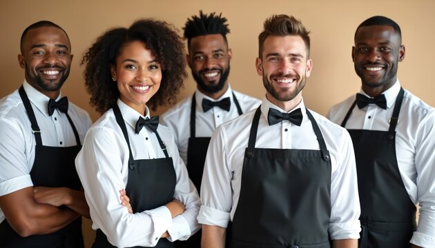Diverse group of smiling restaurant staff. Happy team in uniform with bow ties, aprons. Men and woman stand together, showing excellent hospitality service and collaboration.