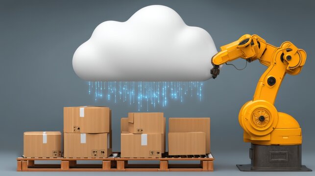 Automated cloud-based delivery system warehouse digital art high-tech environment wide angle future efficiency