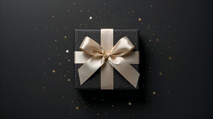 An elegant and minimalist holiday design featuring a black gift box with a satin ribbon and scattered golden stars