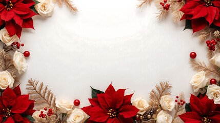 An elegant and festive floral arrangement with red poinsettias, white roses, and golden accents for a holiday setting