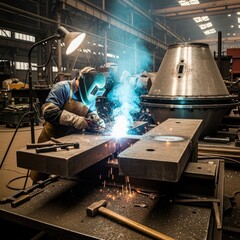 Industrial Welder Working on Metal Fabrication, Generating Intense Sparks and Bright Light in a Factory Workshop