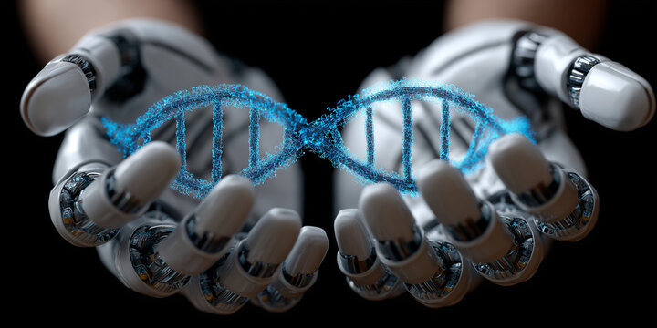 Innovative biotech funding event showcasing robotics and dna technology in a futuristic laboratory environment