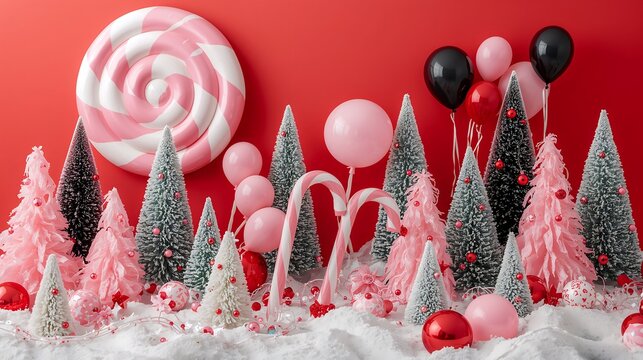 A whimsical and colorful Christmas scene featuring pink and white trees, candy canes, balloons, and festive decorations